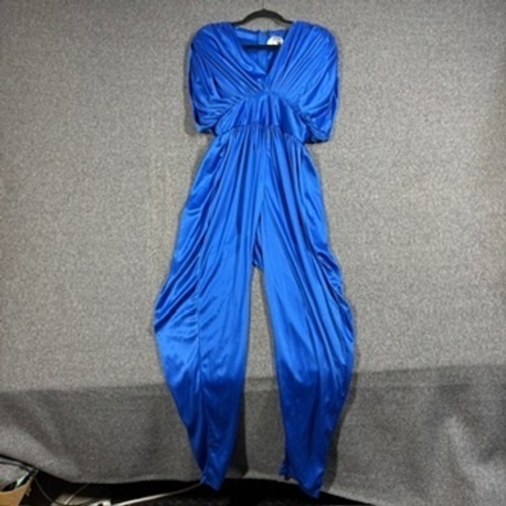 Vintage Alicia Royal Blue Draped V-Neck Jumpsuit 80s Pleated Tapered Leg 9/10